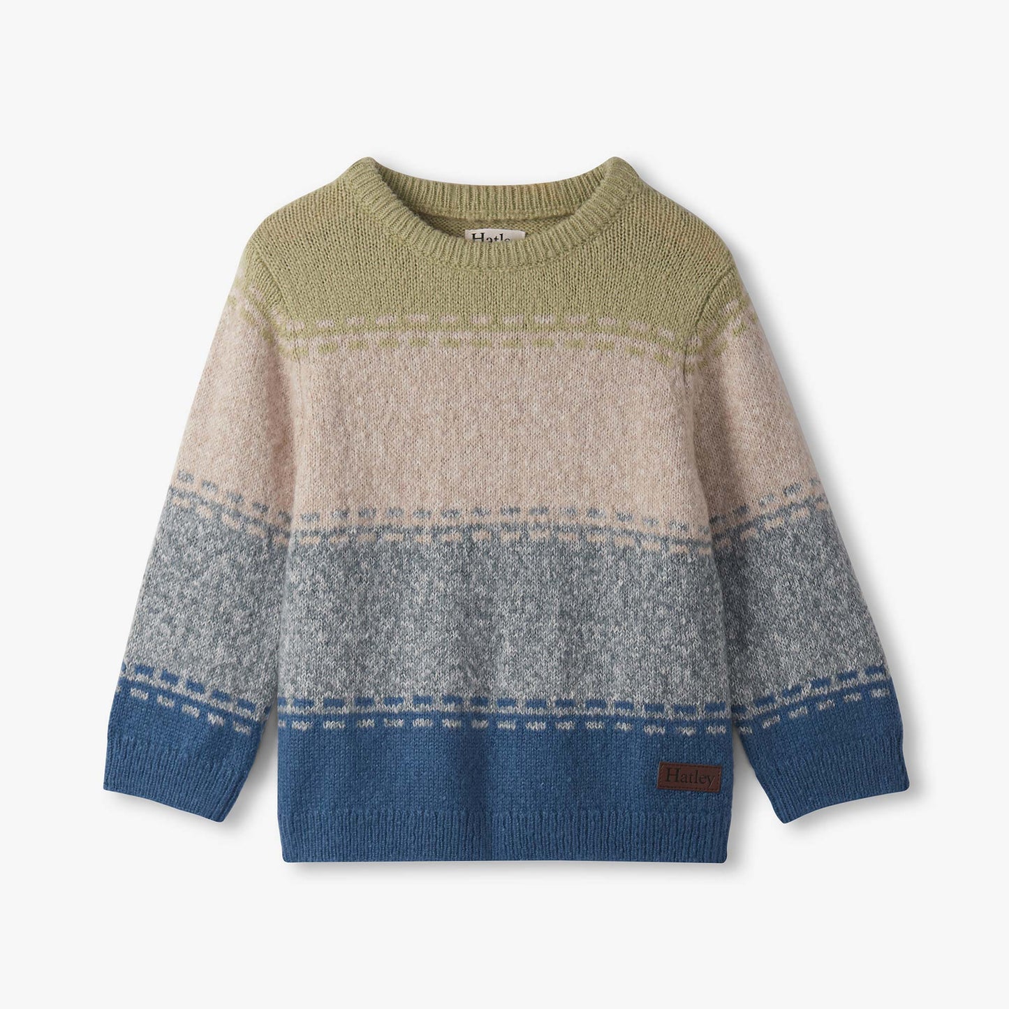 Color-blocked sweater with green, beige, and blue on a white background