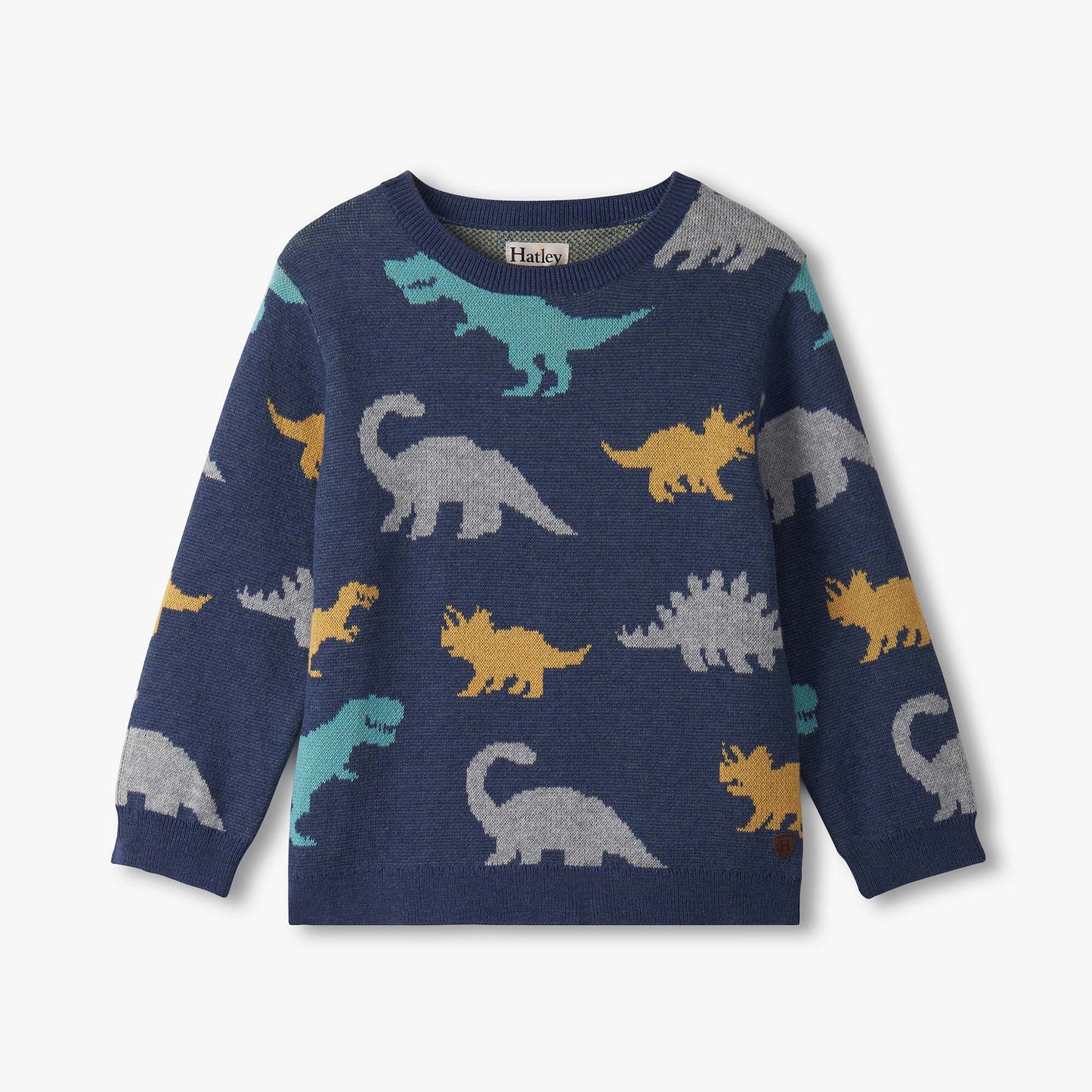 Navy sweater with colorful dinosaur pattern on a white background