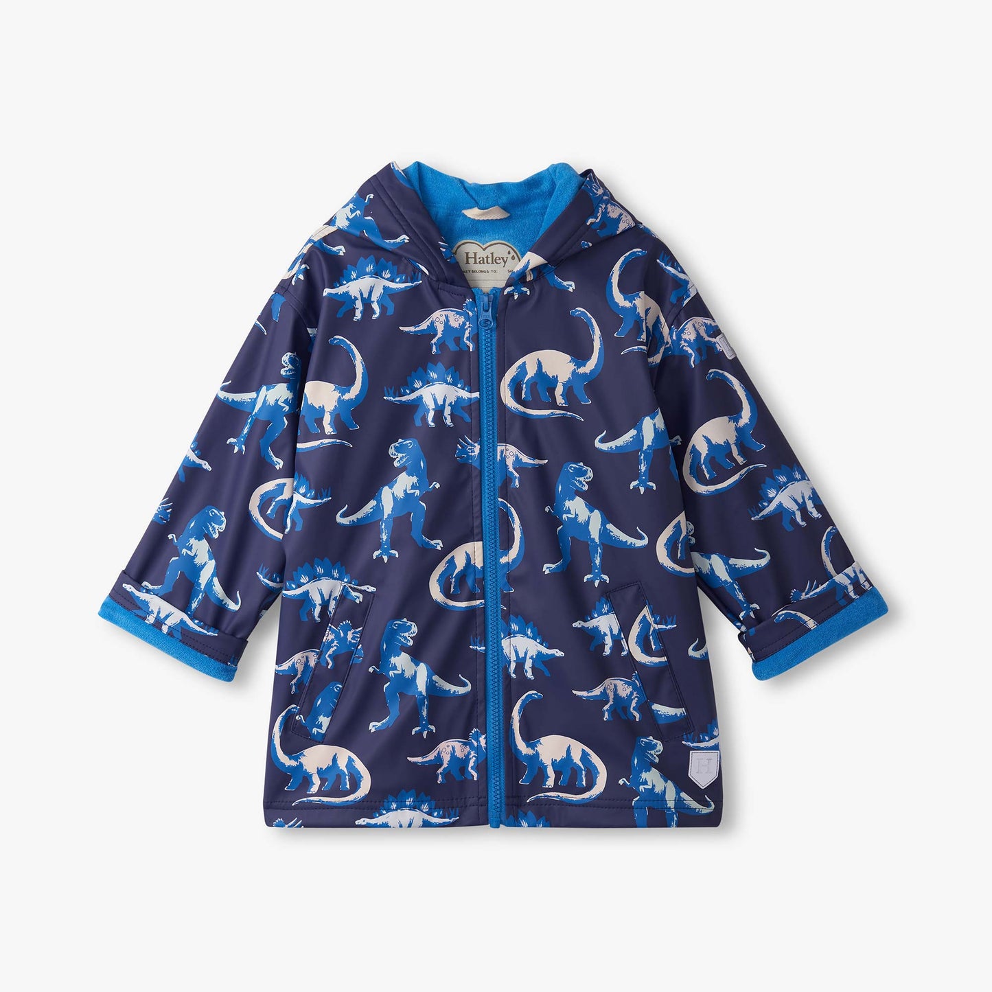 Children's raincoat with dinosaur pattern on a white background