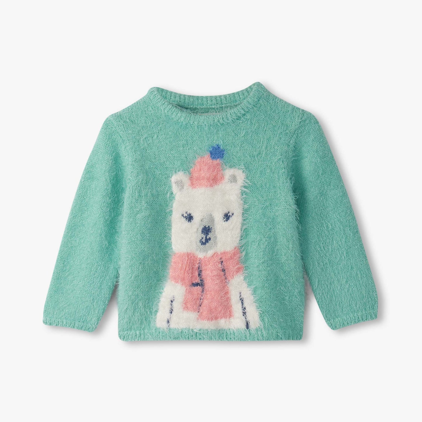 Teal sweater with a polar bear design on a white background