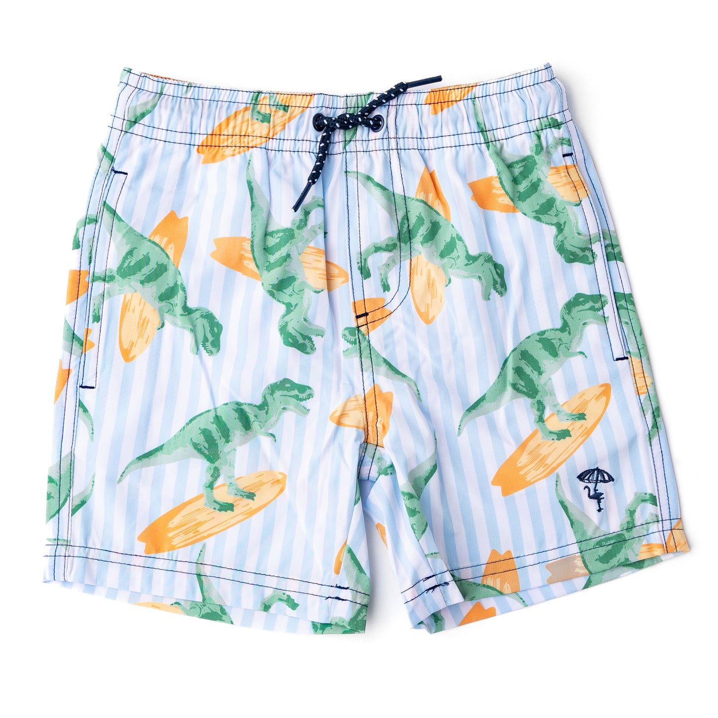 Swim shorts with dinosaur and surfboard pattern on a white background