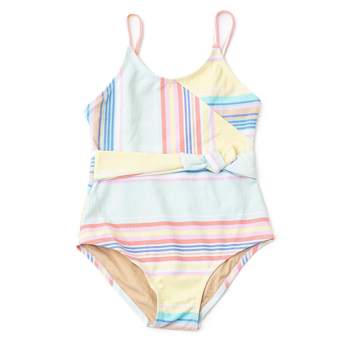 Multicolored striped swimsuit with a bow detail on a white background