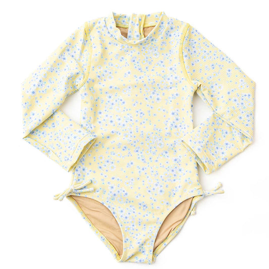 Yellow floral patterned swimsuit with long sleeves on a white background