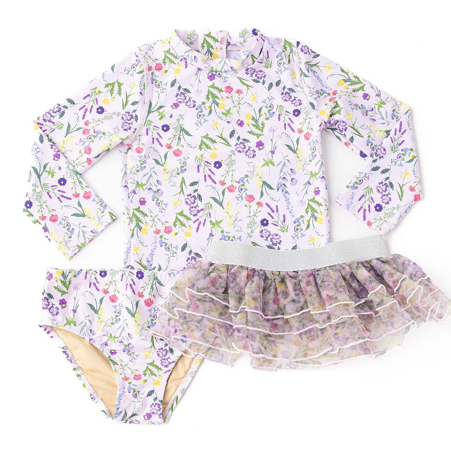 Floral swim set with long-sleeve top and bottom with a cute tutu.