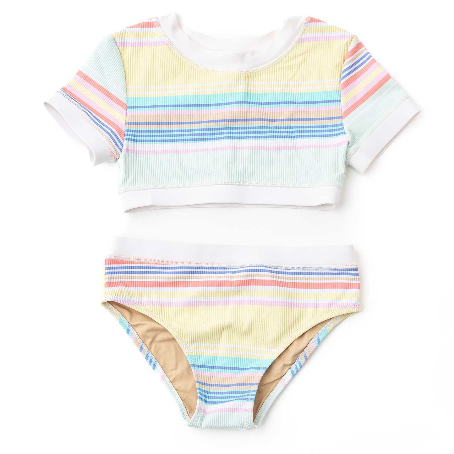 Pastel striped swimsuit on a white background