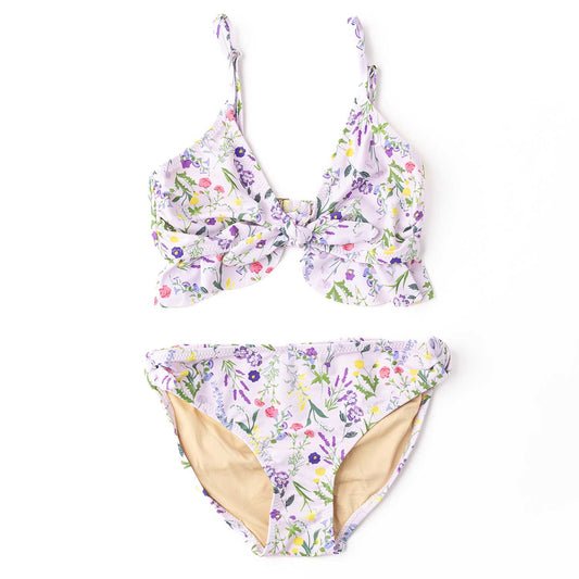 Floral bikini set with a bow detail on a white background