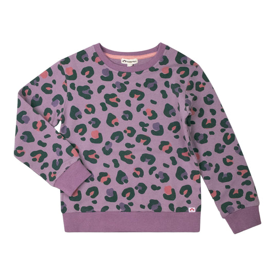 Purple sweatshirt with multicolor leopard print on a white background