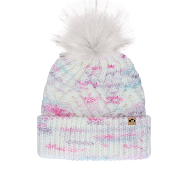Multicolored knit beanie with a white pom-pom on a white background