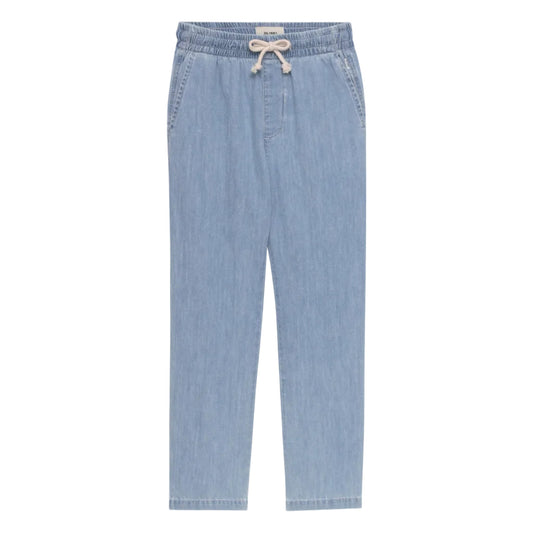 Light blue denim pants with a drawstring on a white background