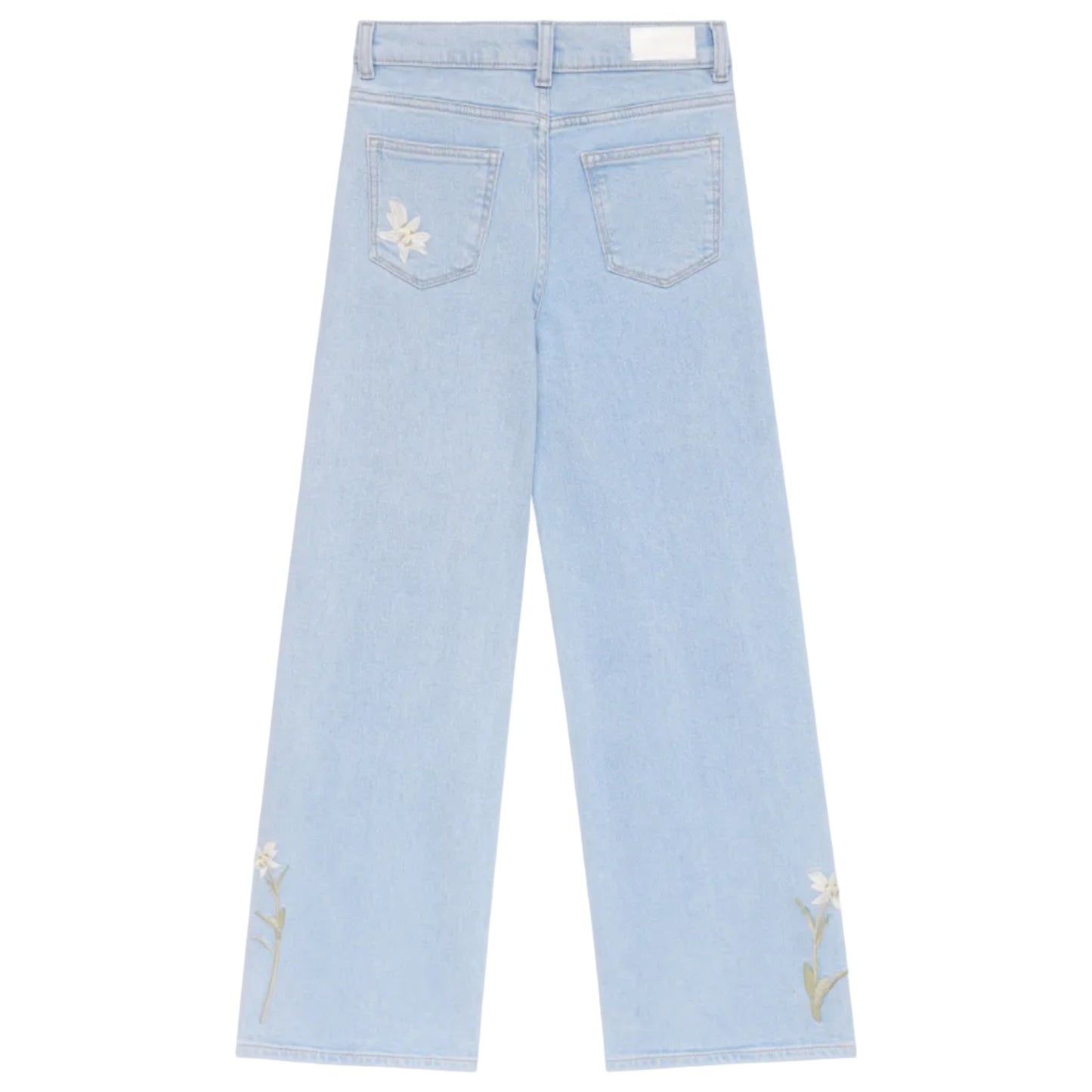 Light blue jeans with floral embroidery on a white background