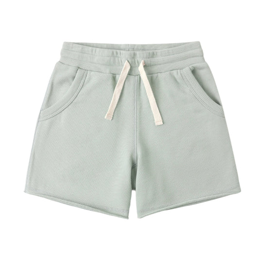 Seafoam shorts with a drawstring on a white background
