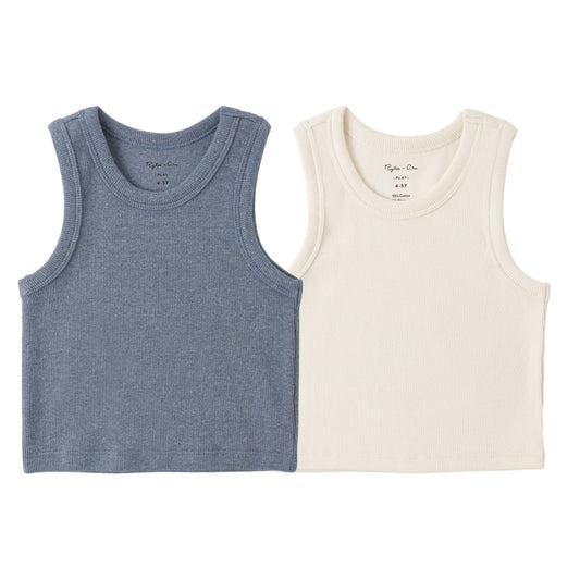 Two tank tops, one blue and one beige, on a white background