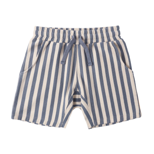 Blue and white striped shorts on a white background