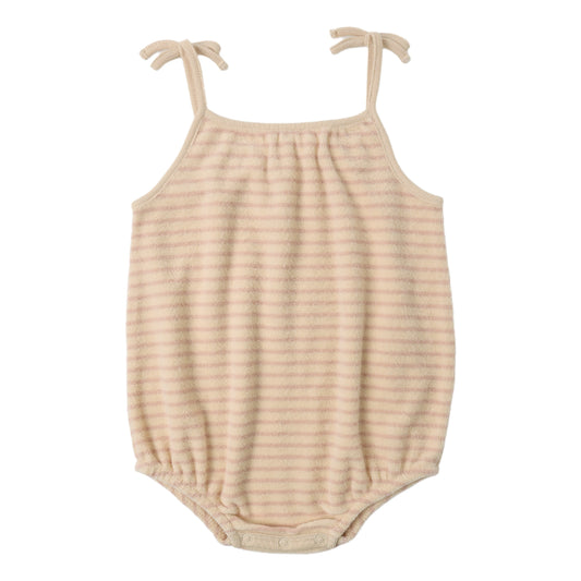Beige striped baby romper with thin straps on a white background