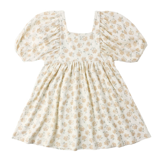 White dress with small floral pattern on a white background