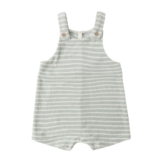 Striped baby romper with button details on a white background