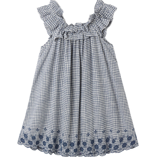 Blue and white checkered dress with ruffled straps on a white background