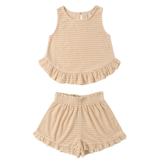 Pink striped tank top and shorts set on a white background