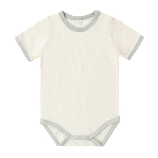 White baby bodysuit with gray trim on a white background