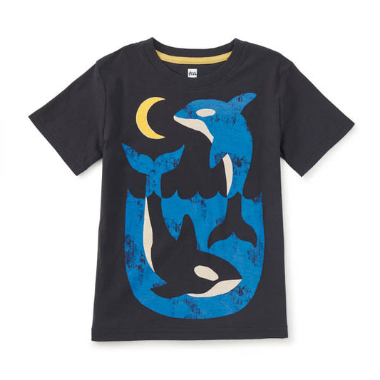 Black t-shirt with blue whale design on a white background