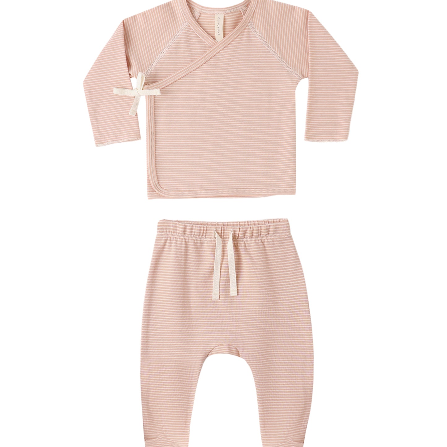 Pink baby outfit with long-sleeve top and pants on a white background