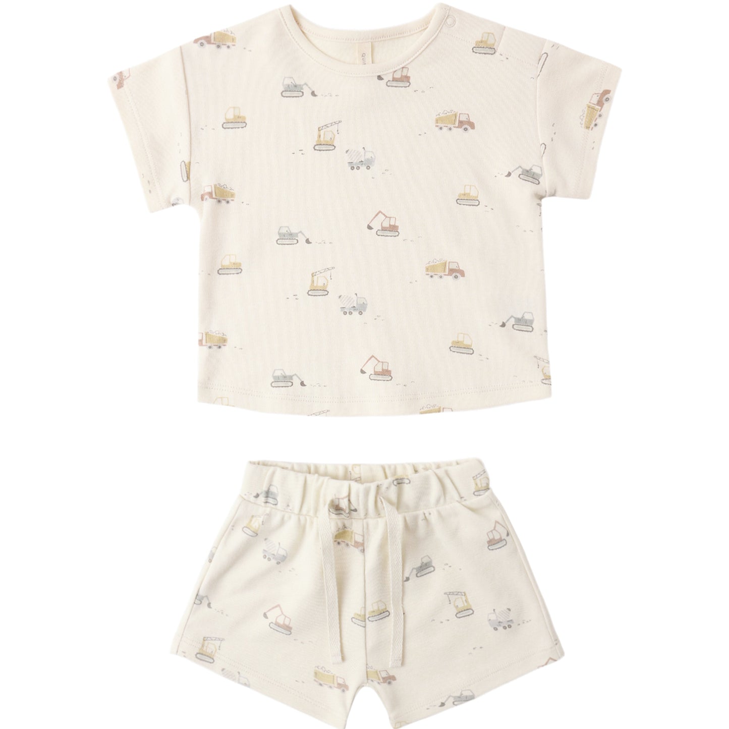 Children's t-shirt and shorts set with vehicle pattern on a white background
