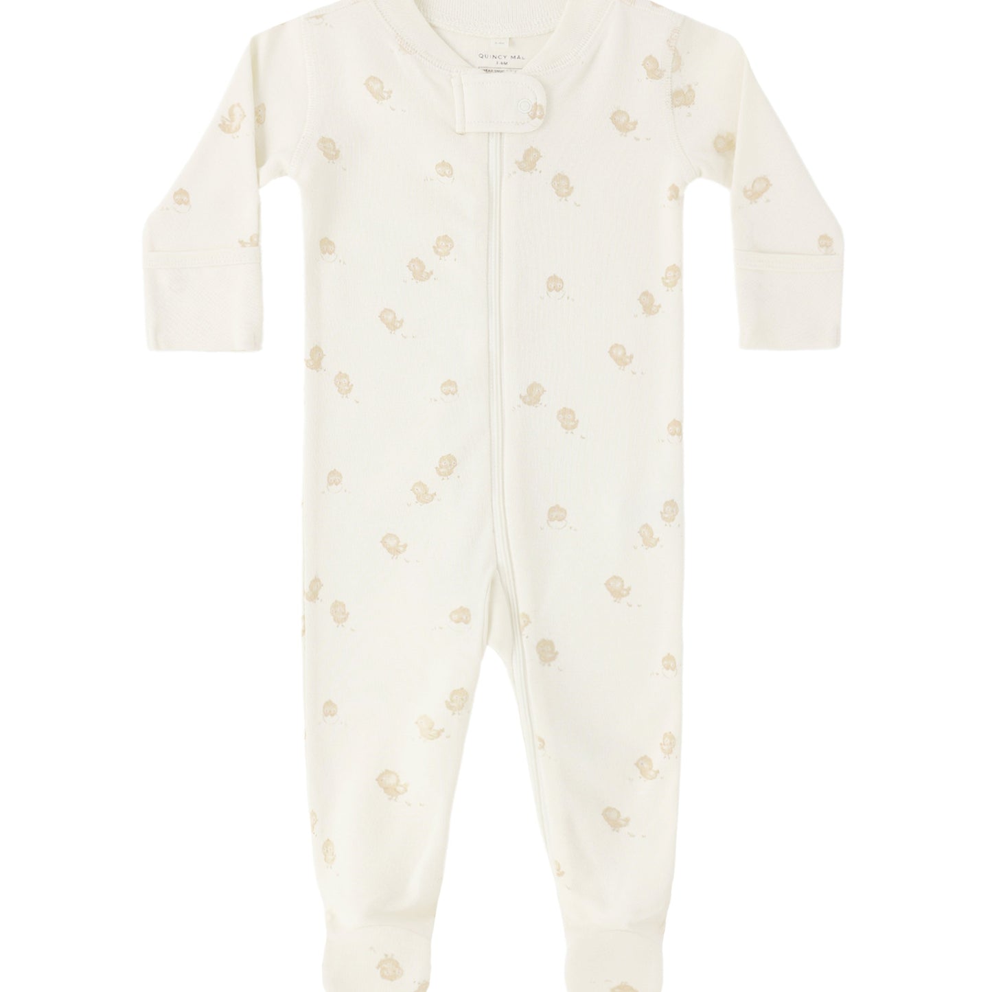 Baby onesie with small patterns on a white background