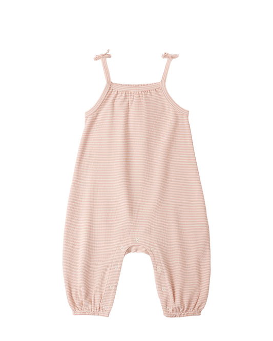 Pink striped baby romper on a white background