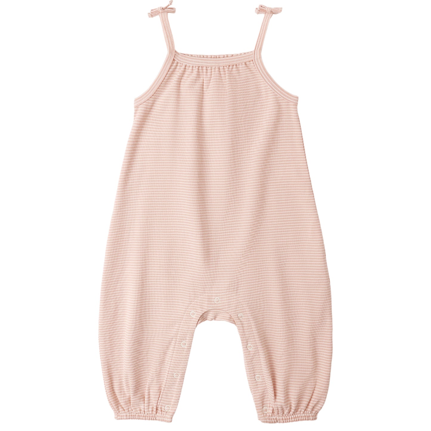Pink striped baby romper on a white background