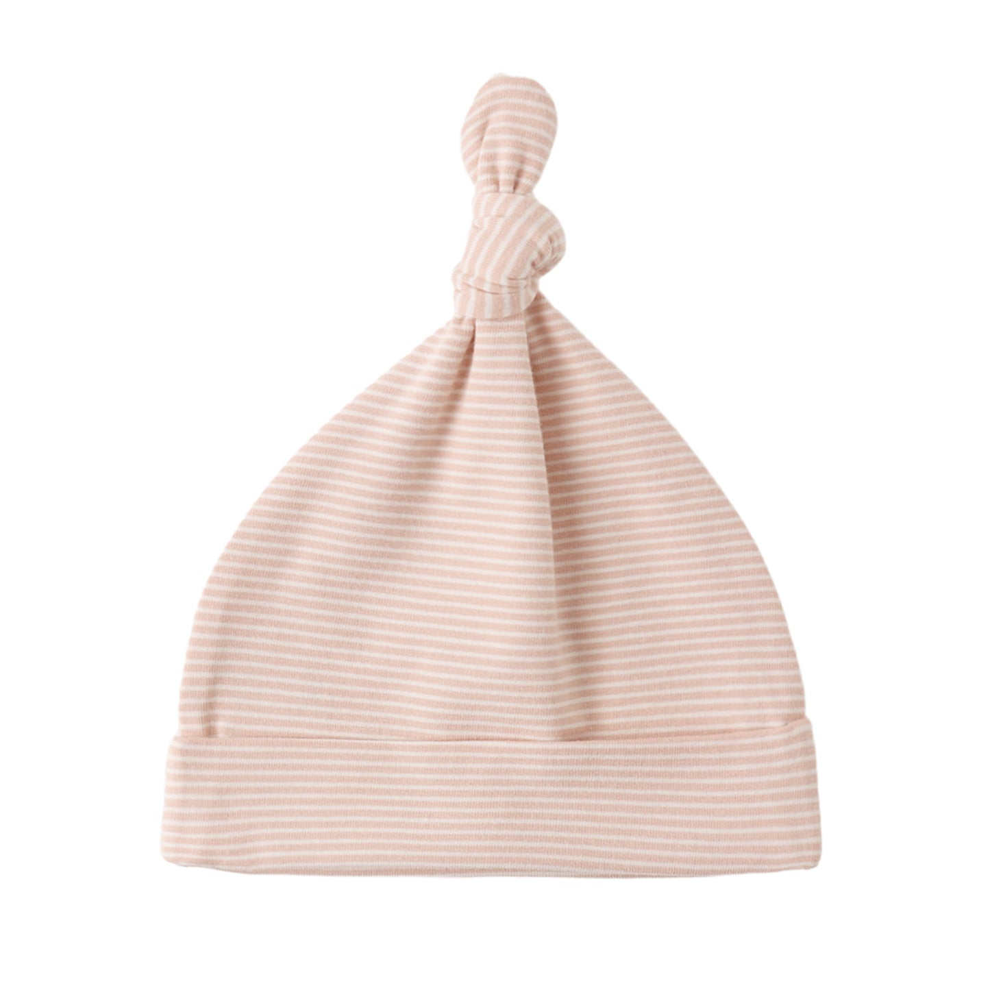 Pink ribbed baby hat on a white background