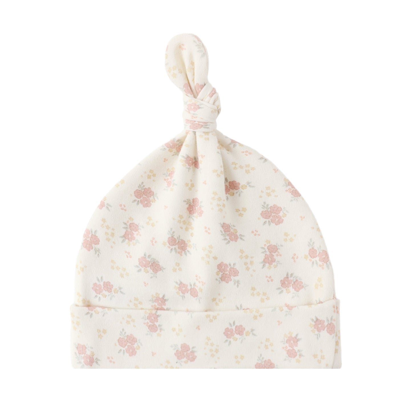 Floral patterned baby hat on a white background