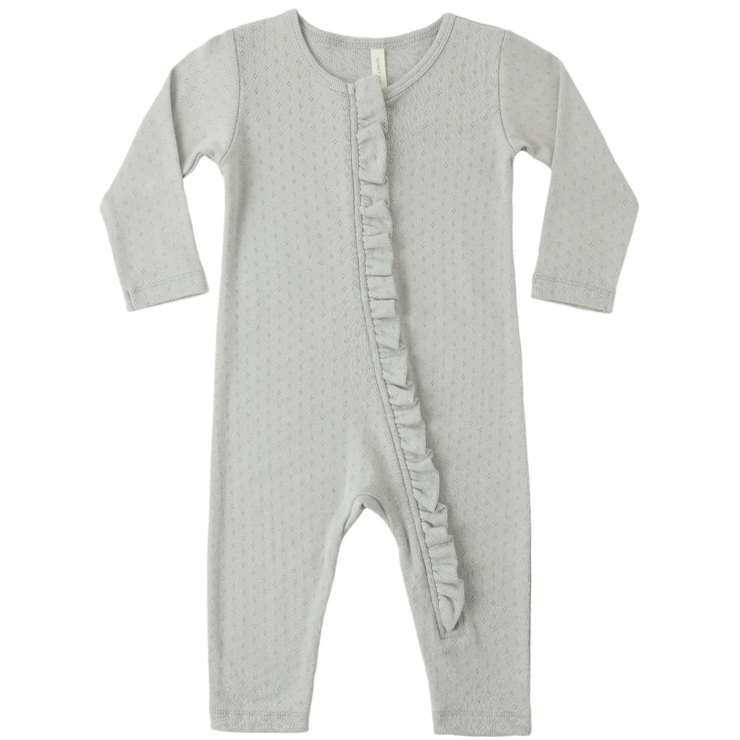 Sage baby onesie with ruffle details on a white background