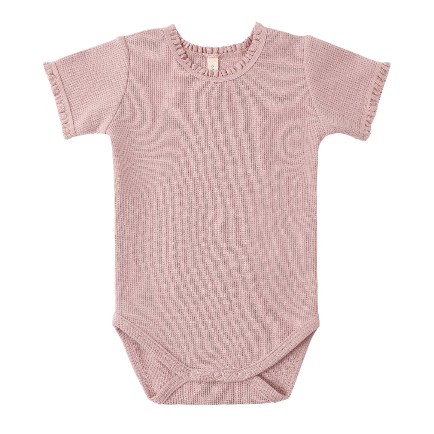 Pink baby bodysuit with short sleeves on a white background