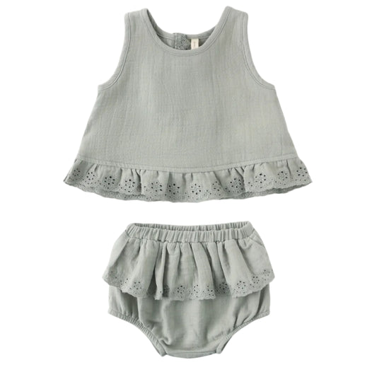 Light sage sleeveless top and bloomers set on a white background
