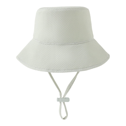 White woven bucket hat with a strap on a white background