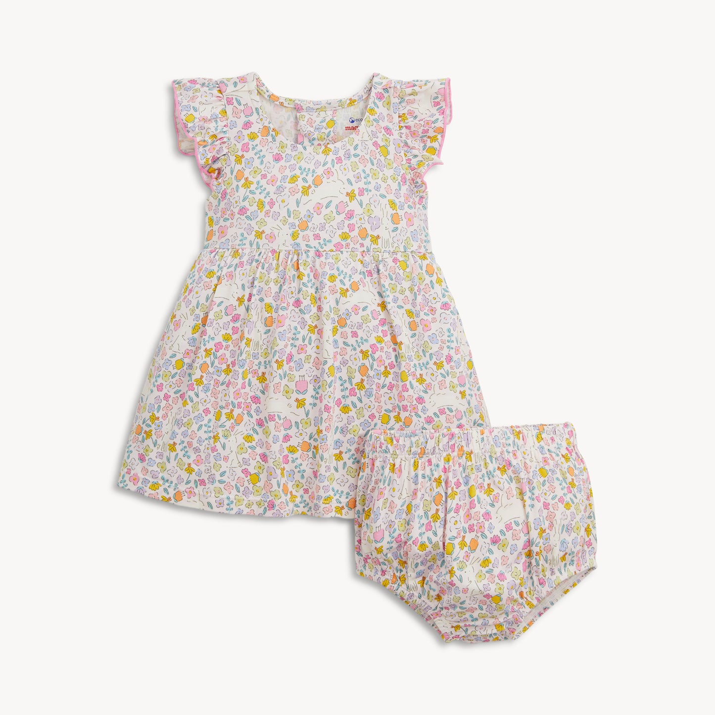 Floral dress and bloomers set on a white background