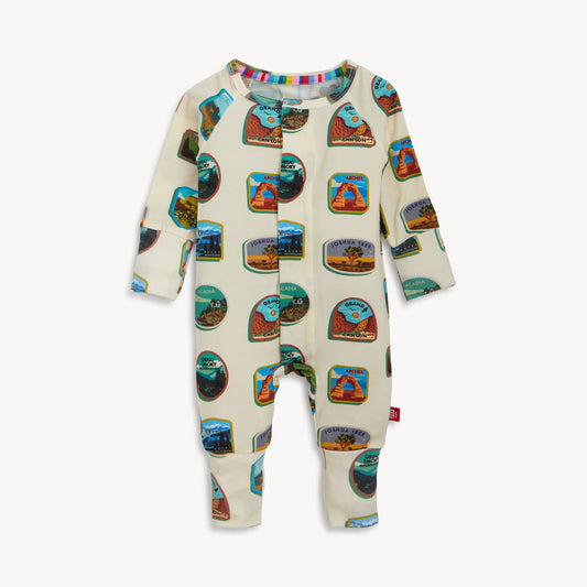 Baby onesie with national park design on a white background