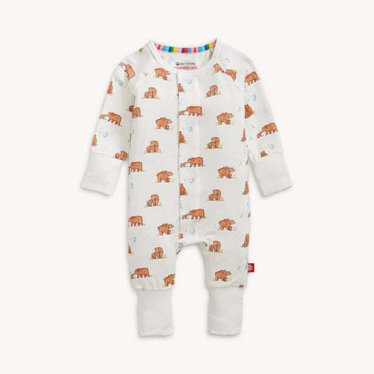 Baby onesie with bear pattern on a white background