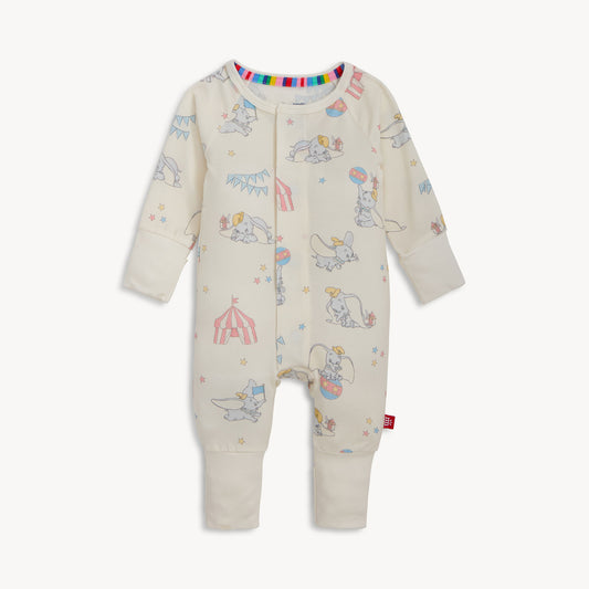 Baby onesie with colorful cartoon designs on a white background