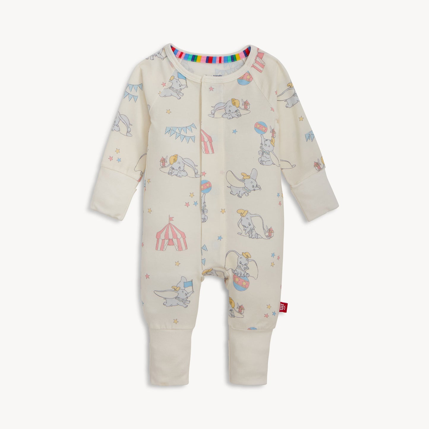 Baby onesie with colorful cartoon designs on a white background
