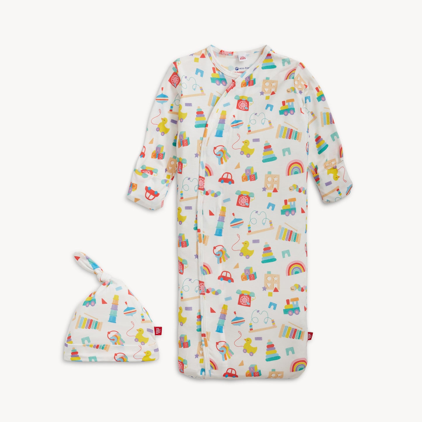 Baby onesie and hat set with colorful pattern on a white background