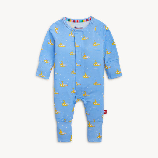 Blue baby onesie with yellow submarine pattern on a white background