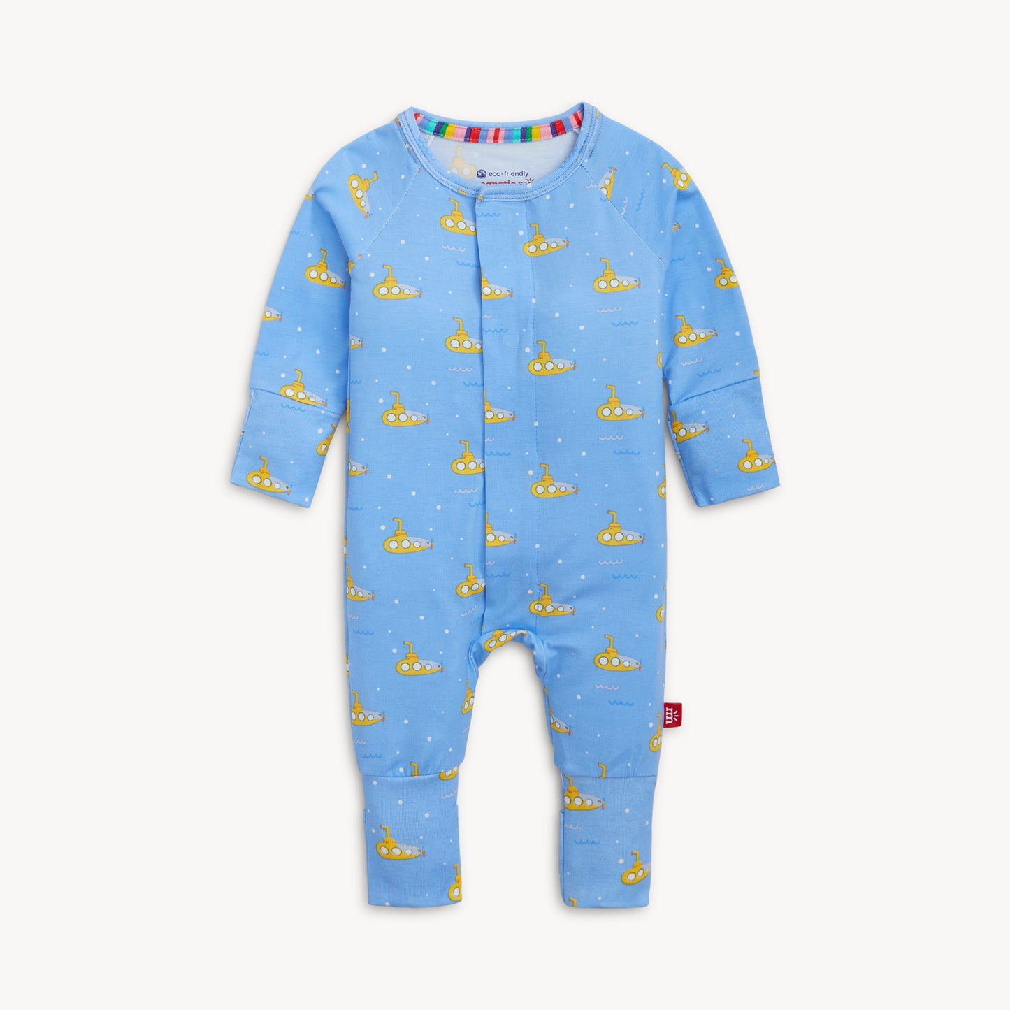 Blue baby onesie with yellow submarine pattern on a white background