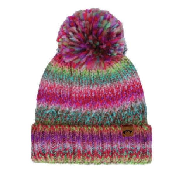 Multicolored knit beanie with a pom-pom on a white background