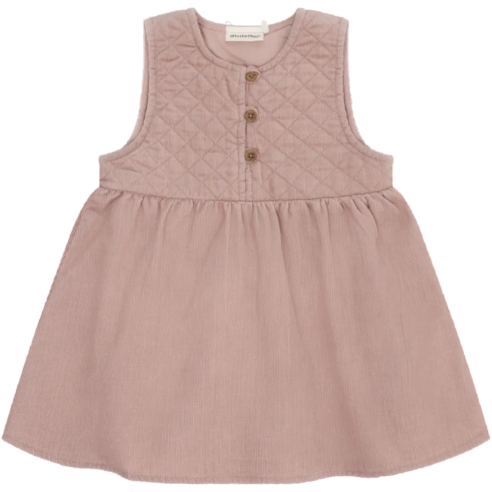 Pink sleeveless dress with button details on a white background