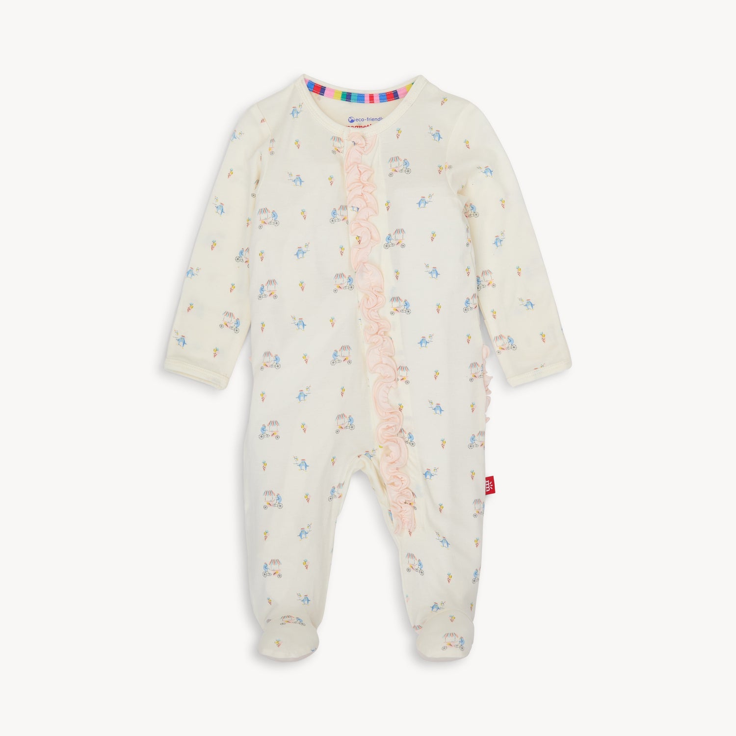 This image features the "Penguin Treats Ruffle Footie" for babies, showcasing a delightful and cozy sleepwear piece. The footie is adorned with a charming, all-over print of penguins and other playful animals, rendered in soft pastel colors for a cute and cheerful appearance.