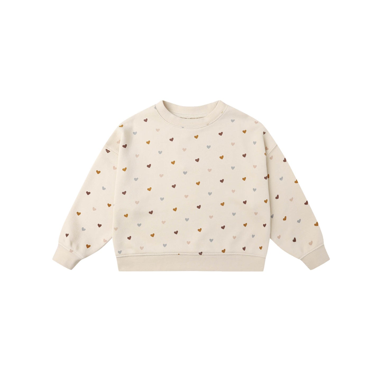 Beige sweatshirt with small heart patterns on a white background