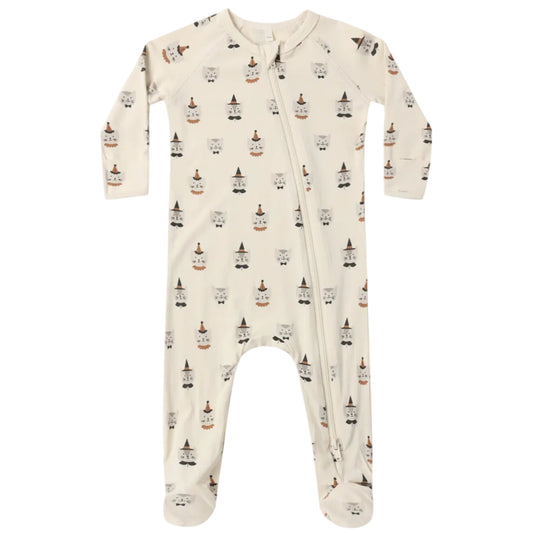 Baby onesie with a pattern of small figures on a white background