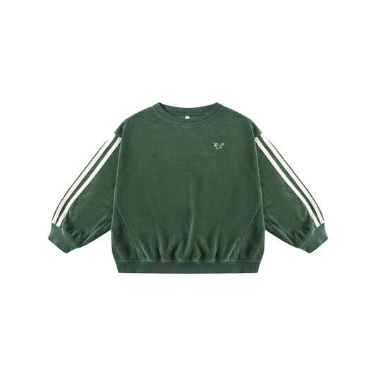 Green sweatshirt with white stripes on sleeves on a white background