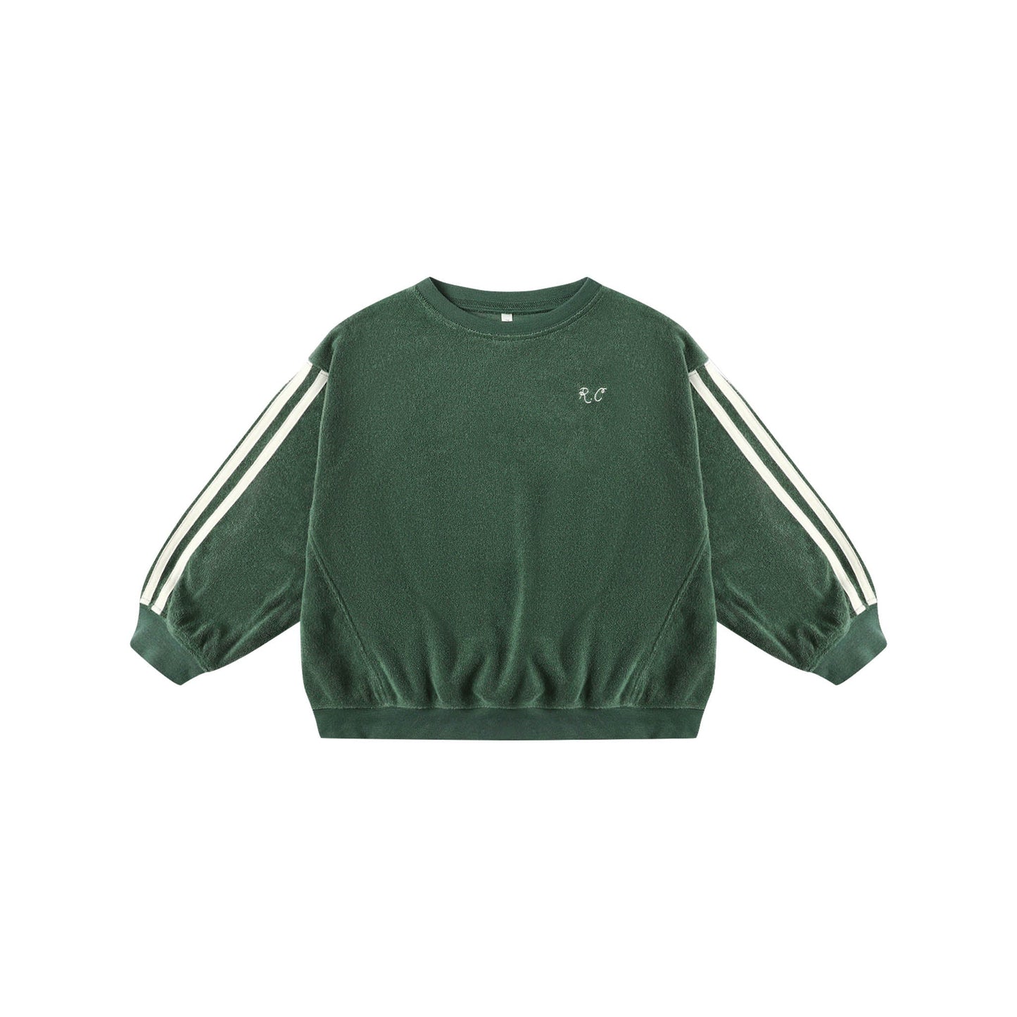 Green sweatshirt with white stripes on sleeves on a white background